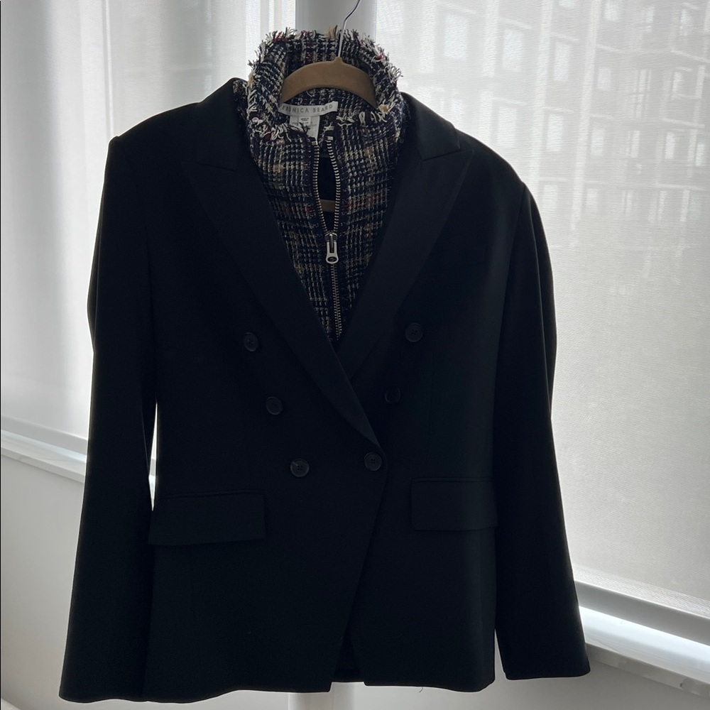 Veronica Beard Black Double-Breasted Blazer with Tweed Insert